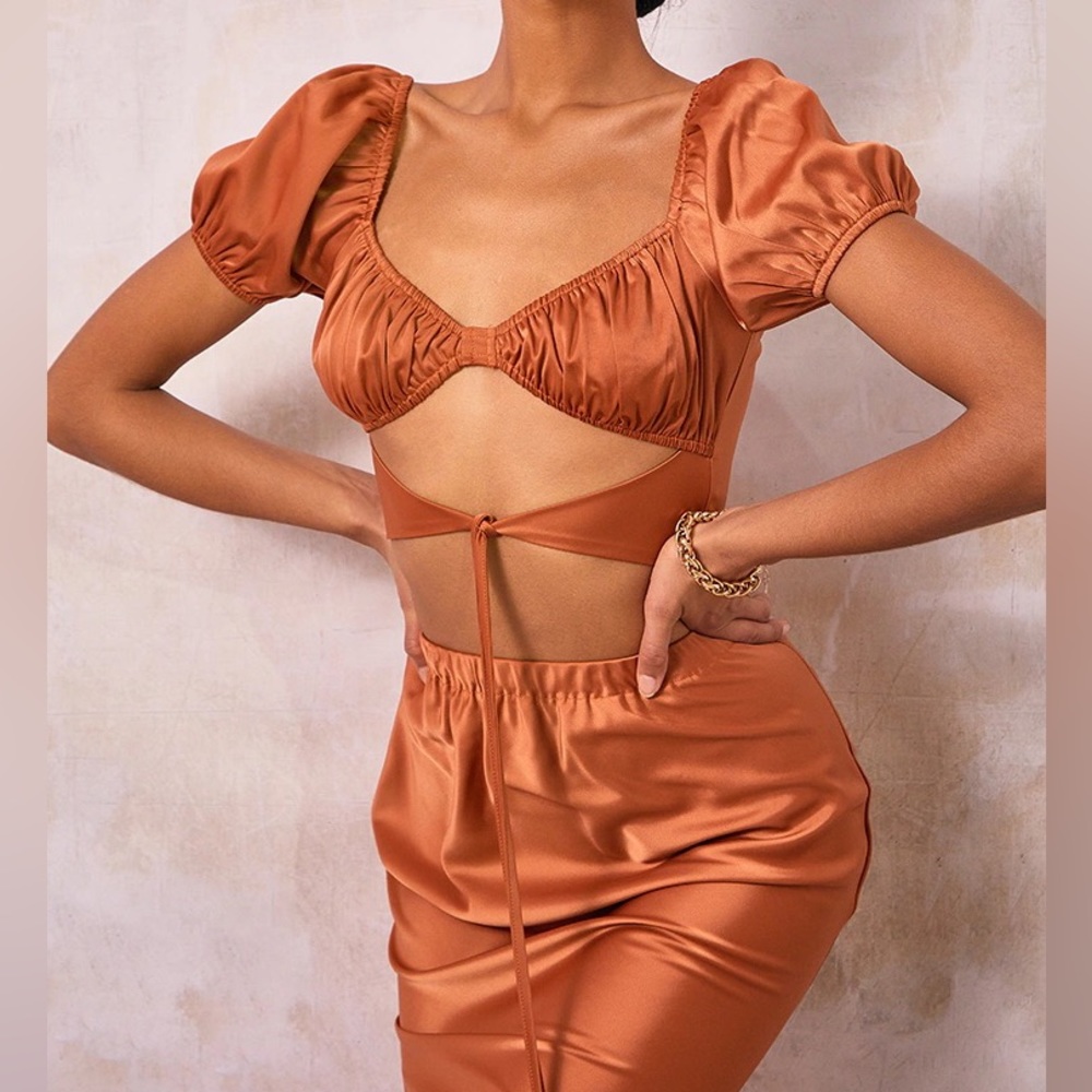 Burnt Orange Satin Puff Sleeve Wrap Detail Bralet